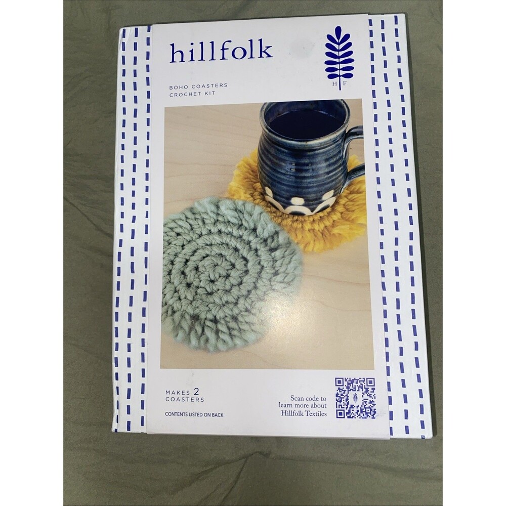 Hillfolk Crochet Coaster Kit - DIY Boho Coaster Set - Blue Green & Gold